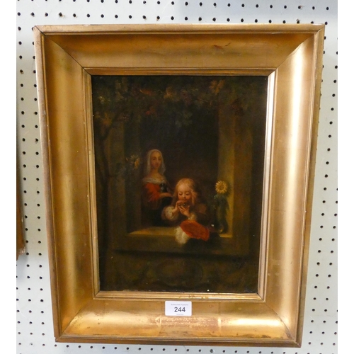 244 - After Franz Elder - Boy a ledge blowing bubbles, canvas in a gilt frame, 12