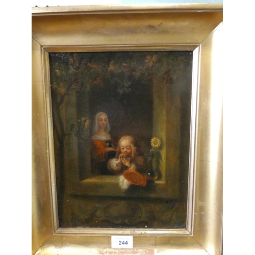 244 - After Franz Elder - Boy a ledge blowing bubbles, canvas in a gilt frame, 12