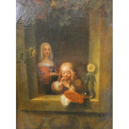 244 - After Franz Elder - Boy a ledge blowing bubbles, canvas in a gilt frame, 12