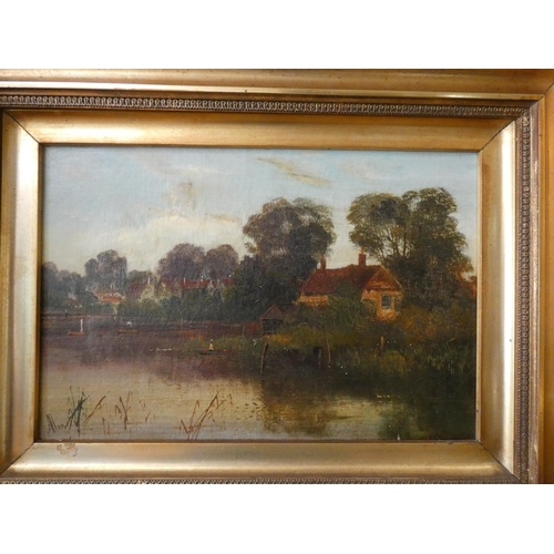 250 - Three late Victorian oil on canvas paintings depicting landscape scenes and a shore scene, in matchi... 