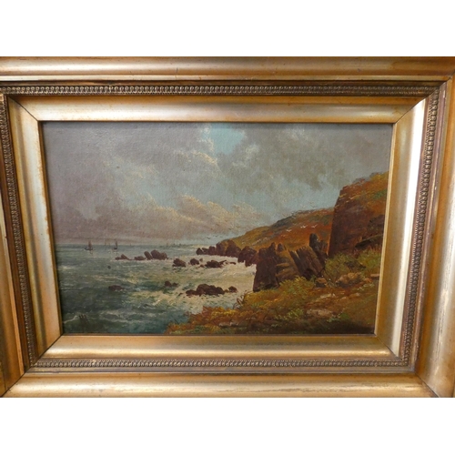 250 - Three late Victorian oil on canvas paintings depicting landscape scenes and a shore scene, in matchi... 