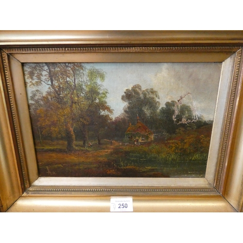 250 - Three late Victorian oil on canvas paintings depicting landscape scenes and a shore scene, in matchi... 