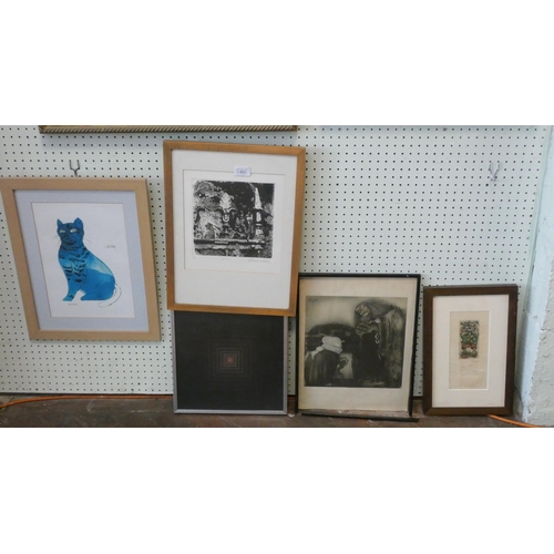 253 - Andy Warhol framed print of 'Sam the Cat', Caroline Hill etching 'Giddy', Peter Evans 1973 Geometric... 