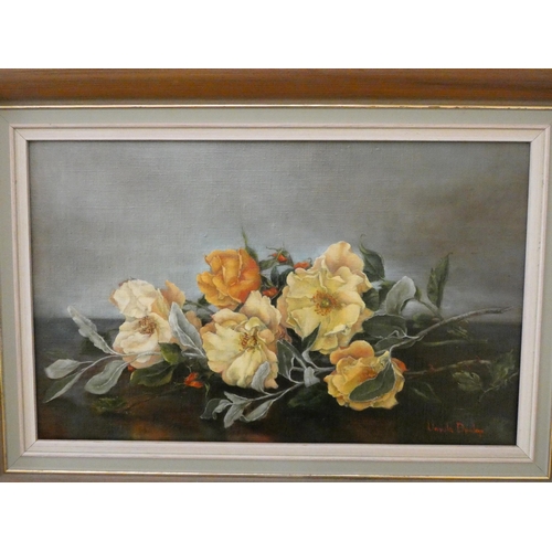 254 - An Ursula Dunlop oil on canvas floral still life of yellow saga roses, signed lower right, image siz... 