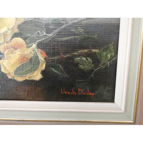 254 - An Ursula Dunlop oil on canvas floral still life of yellow saga roses, signed lower right, image siz... 