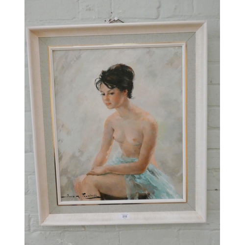 255 - Igor Talwinski - A mid-20th century framed oil on canvas portrait of a nude dark haired lady with he... 