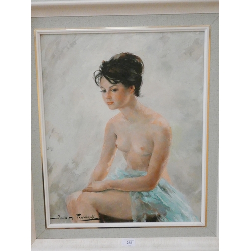 255 - Igor Talwinski - A mid-20th century framed oil on canvas portrait of a nude dark haired lady with he... 