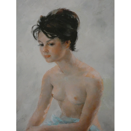 255 - Igor Talwinski - A mid-20th century framed oil on canvas portrait of a nude dark haired lady with he... 