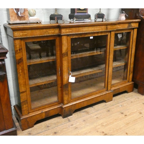 326 - An inlaid walnut glazed break front bookcase with floral marquetry and gilt metal mounts, 65