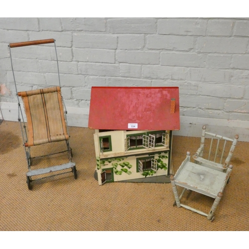 334 - Vintage dolls - highchair, stroller and a dolls house