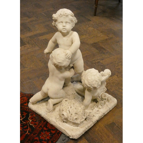 358 - A Victorian marble figure group of three cherubs playing on a square naturalistically carved base, 2... 