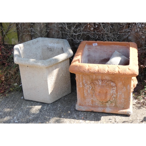 809 - A large square terracotta lion mask garden planter and an hexagonal garden planter