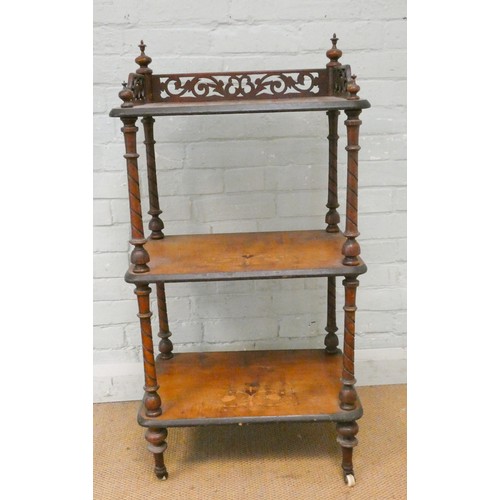 342 - A Victorian inlaid walnut three tier whatnot with galleried back