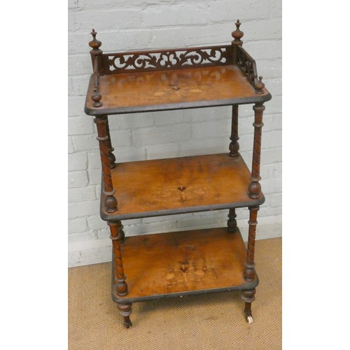 342 - A Victorian inlaid walnut three tier whatnot with galleried back