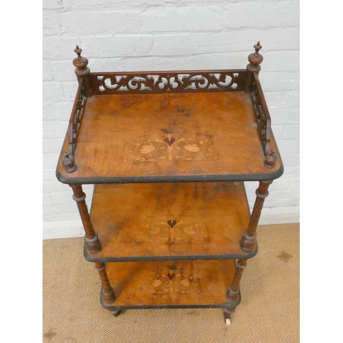 342 - A Victorian inlaid walnut three tier whatnot with galleried back