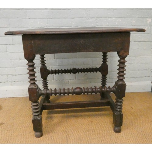 362 - An antique bobbin turned oak side table fitted drawers to each end, 28