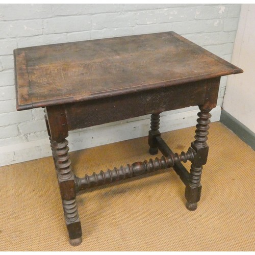 362 - An antique bobbin turned oak side table fitted drawers to each end, 28