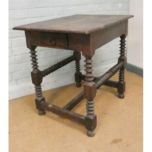 362 - An antique bobbin turned oak side table fitted drawers to each end, 28