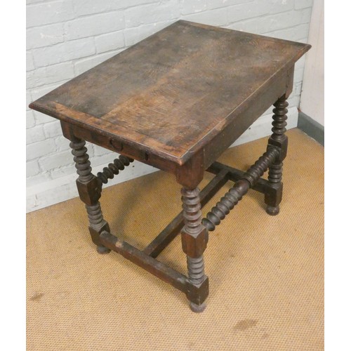 362 - An antique bobbin turned oak side table fitted drawers to each end, 28