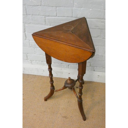 363 - An Edwardian mahogany line inlaid triangular corner table with drop leaves