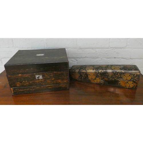 364 - A Japanese lacquer glove box and a Victorian Coromandel writing box