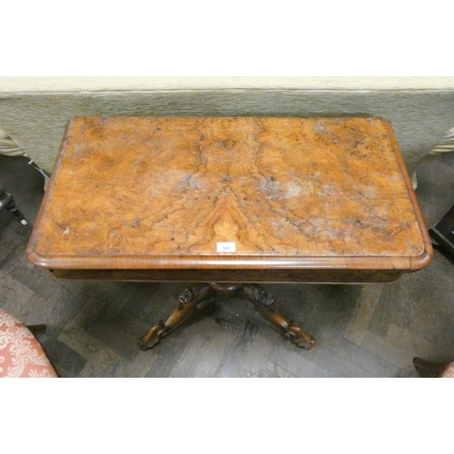 341 - A Victorian burr walnut fold old topped card table on centre pillar and Quadra form base