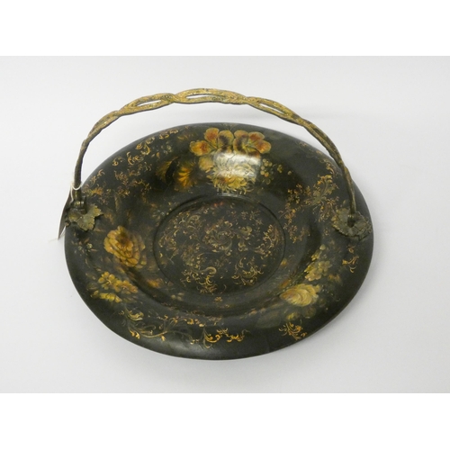 344 - A Victorian Jennens and Bettridge papier mache circular basket with gilt metal swing handle painted ... 