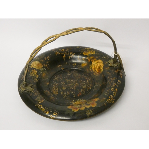 344 - A Victorian Jennens and Bettridge papier mache circular basket with gilt metal swing handle painted ... 