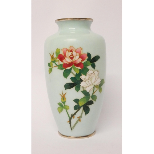 349 - A good quality Japanese Sato Cloisonné vase decorated with roses on a duck egg blue ground, 19cms ta... 