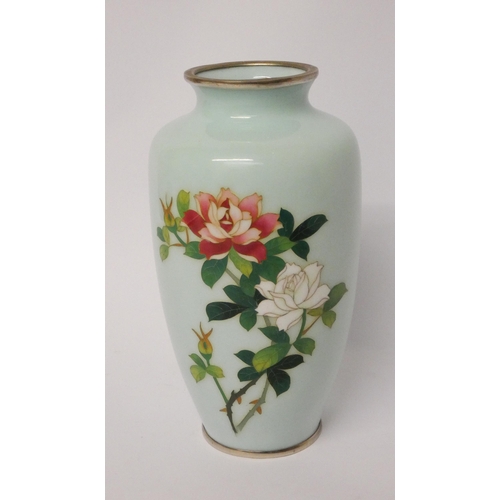 349 - A good quality Japanese Sato Cloisonné vase decorated with roses on a duck egg blue ground, 19cms ta... 