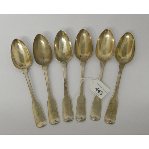 443 - A set of six Georgian Scottish silver dessert spoons, Glasgow 1826. Gross weight 7.6 troy ounces