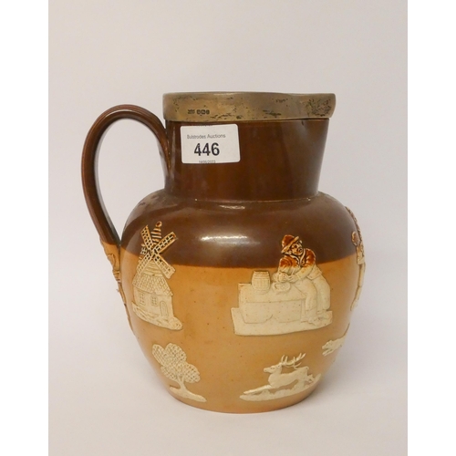 446 - A Doulton stoneware jug with hallmarked silver rim.