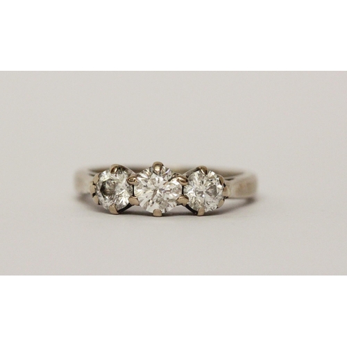 469 - Modern three stone diamond trilogy ring, set with 1ct of diamonds on an 18ct white gold band, ring s... 