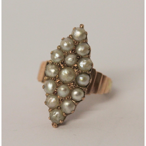 473 - An antique marquise panel ring set with split pearls on unmarked rose gold setting, ring size G, wei... 