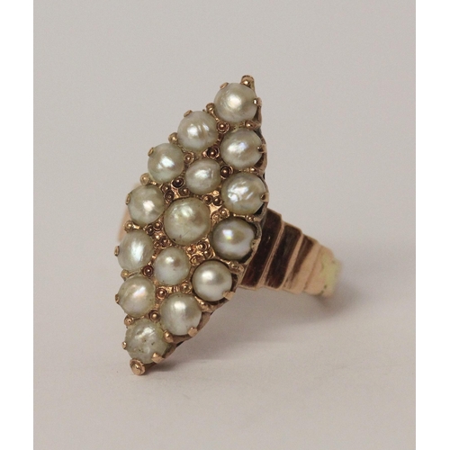 473 - An antique marquise panel ring set with split pearls on unmarked rose gold setting, ring size G, wei... 