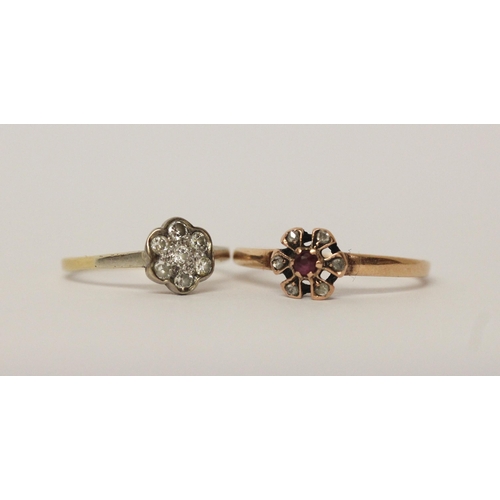 504 - An antique diamond flower cluster ring, size I and a rose gold set ruby and diamond cluster ring siz... 