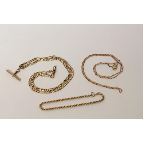 510 - Three modern 9ct yellow gold chains, an Albert style chain with T bar fitted, rope twist bracelet an... 