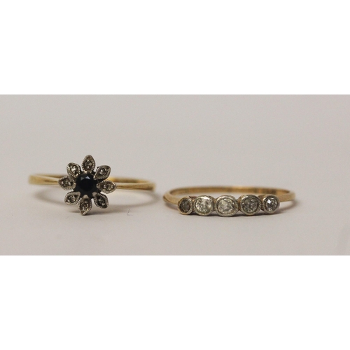 512 - An 18ct gold five stone diamond ring and an 18ct gold sapphire cluster ring. both size P, weight 4.1... 