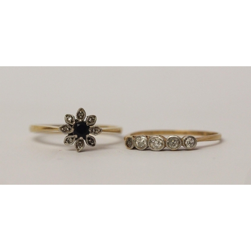 512 - An 18ct gold five stone diamond ring and an 18ct gold sapphire cluster ring. both size P, weight 4.1... 