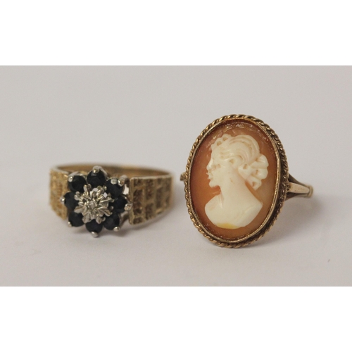 513 - Two 9ct gold dress rings - one a sapphire cluster the other a Cameo ring. Both size P, weight 7.3g