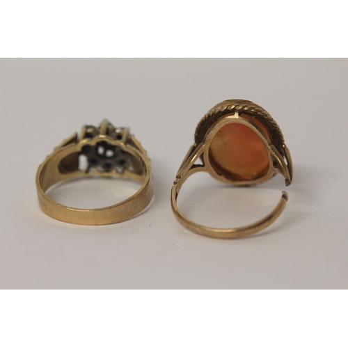 513 - Two 9ct gold dress rings - one a sapphire cluster the other a Cameo ring. Both size P, weight 7.3g