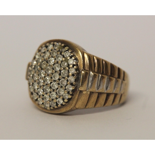 516 - A gents diamond cluster panel signet ring in the style of Rolex, ring size U, 8.5gms, tests as 9ct g... 