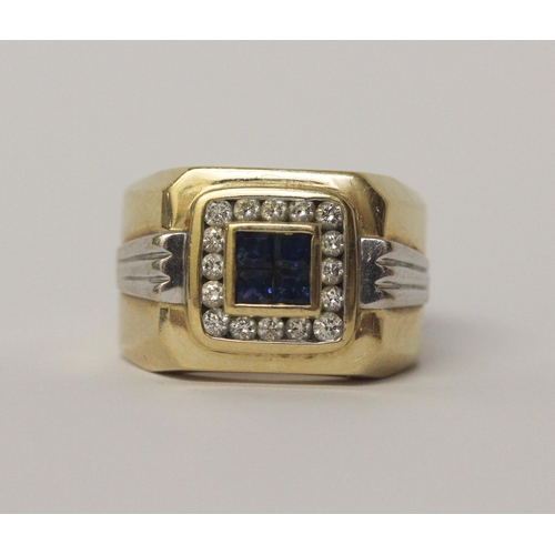 518 - A large gents sapphire and diamond signet ring set in 14ct yellow gold, 14.3gms, ring size R