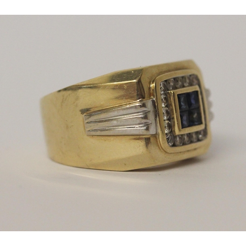 518 - A large gents sapphire and diamond signet ring set in 14ct yellow gold, 14.3gms, ring size R