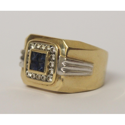 518 - A large gents sapphire and diamond signet ring set in 14ct yellow gold, 14.3gms, ring size R