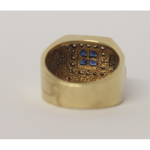 518 - A large gents sapphire and diamond signet ring set in 14ct yellow gold, 14.3gms, ring size R