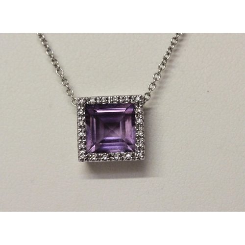 520 - Modern 9ct white gold amethyst and diamond square pendant on fine white gold chain, gross weight 4.2... 