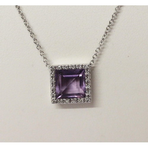 520 - Modern 9ct white gold amethyst and diamond square pendant on fine white gold chain, gross weight 4.2... 