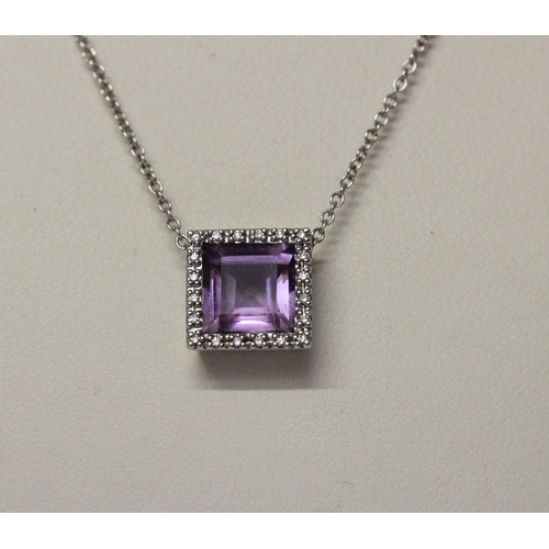 520 - Modern 9ct white gold amethyst and diamond square pendant on fine white gold chain, gross weight 4.2... 