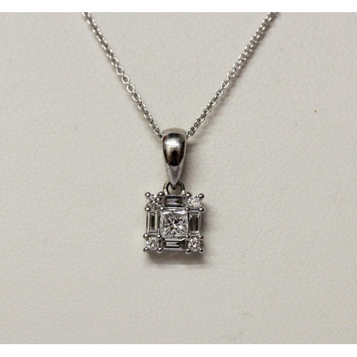 528 - Modern platinum and diamond Rhapsody cluster pendant on hallmarked platinum chain, weight 3.3gms